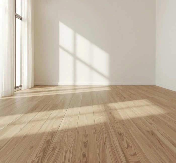 Bright interior room with natural light reflecting on light wood floors, showcasing a seamless plank layout.