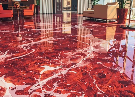 Red epoxy flooring with a smooth glossy finish